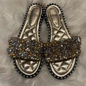 MISS LOLA Boutique, Gold Bedazzled Sandals, Size 7, Gently Used.
